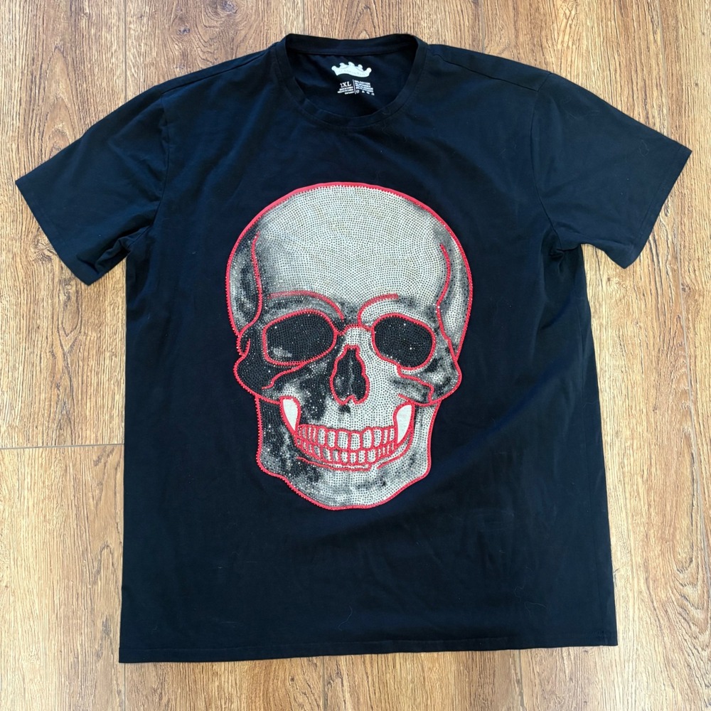 Heads Or Tails Mens 2XL Black Rhinestone Skull Graphic T-Shirt streetwear hiphop
